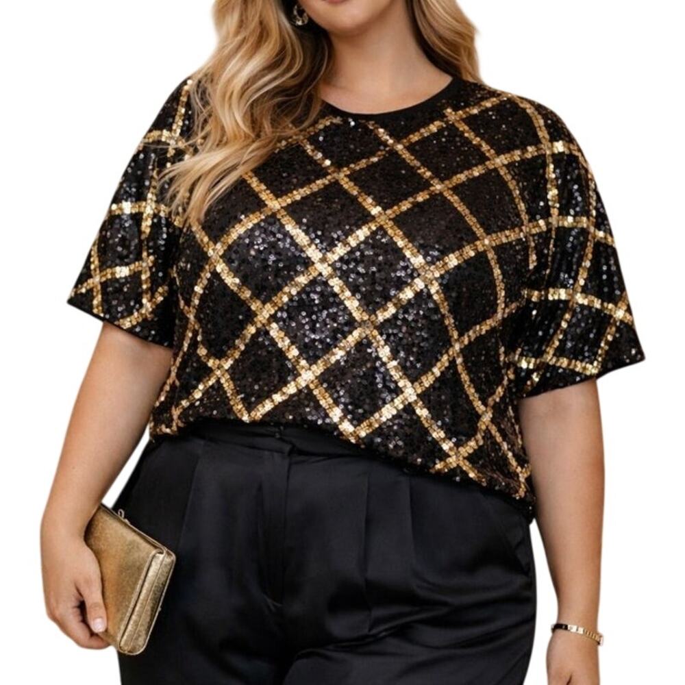 Vintage Diana Marco Sequined Silk Top Black Gold Diamond Deadstock NWT 18-20